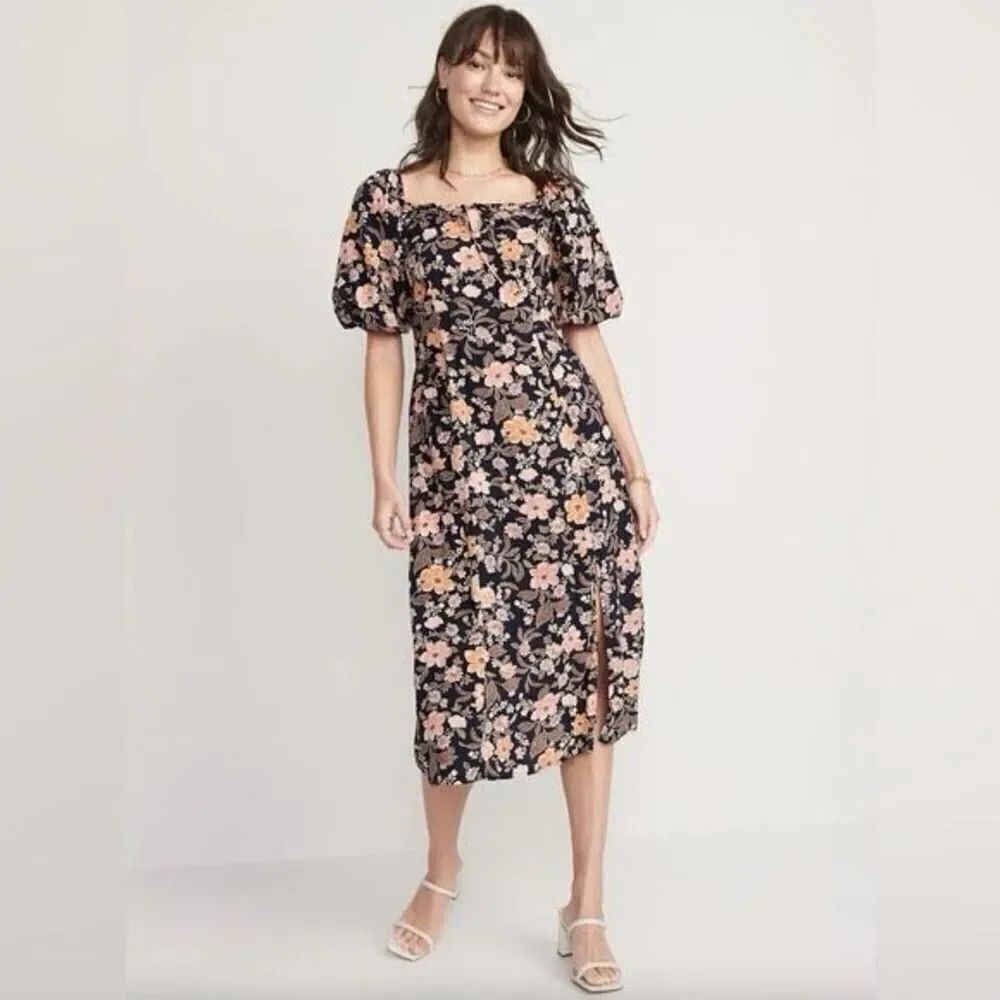 ✨Old Navy Puff-Sleeve Floral-Print Pintucked Smocked Midi Swing Sz Medium Dress✨